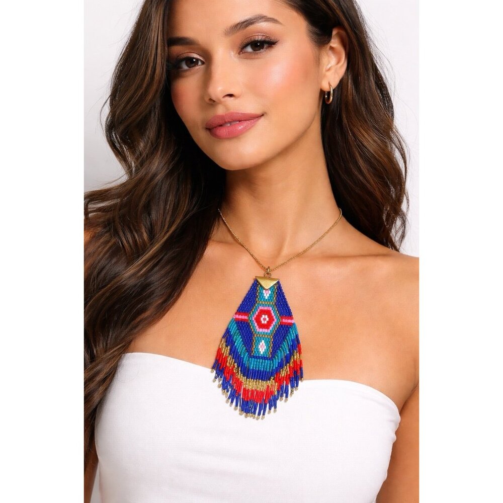 Handmade Boho Beaded Fringe Pendant Necklace Blue Red Geometric Tribal Statement